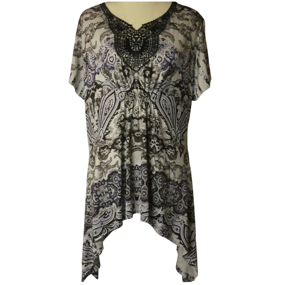 World Unity Women's Blouse Large Tunic Short Sleeves Artsy Asymetrical Crochet